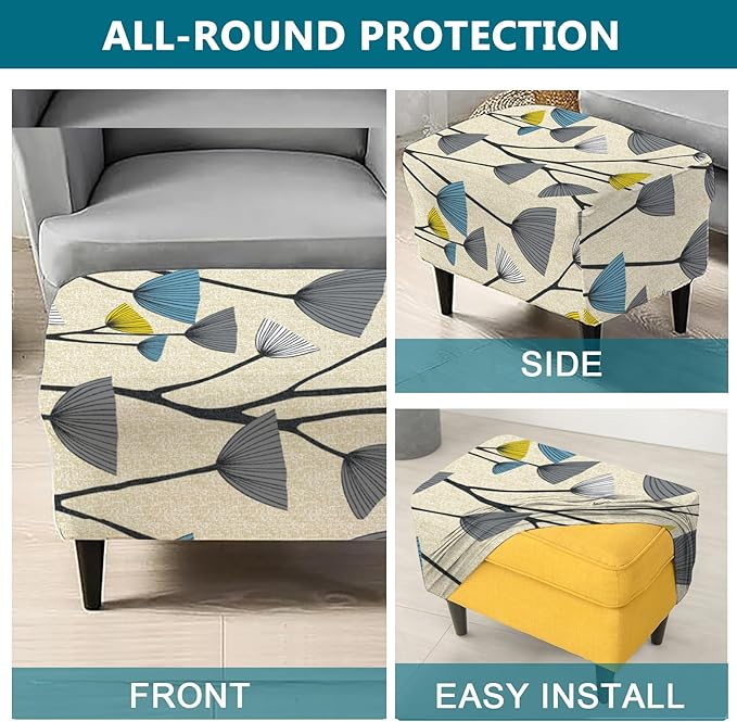 KRFOONN Stretch Ottoman Cover Slipcovers Rectangle Fit Length 55"-63" Footrest Stool Covers Printed Ottoman Cover for Foot Stool Furniture Protector with Non Slip Elastic Bottom, Color 19