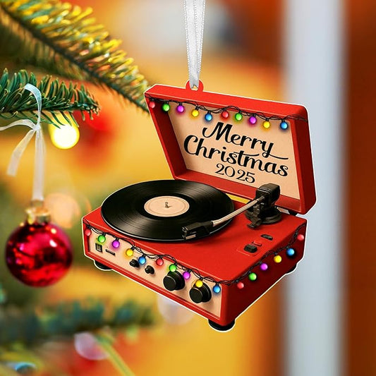GEEMBI Christmas Record Player Ornament - 2D Flat (Not 3D) Acrylic Vinyl Record Christmas Ornaments 2025 - Music Teacher Gifts for Men Women, Stocking Stuffers Music Gifts for Friends Teachers