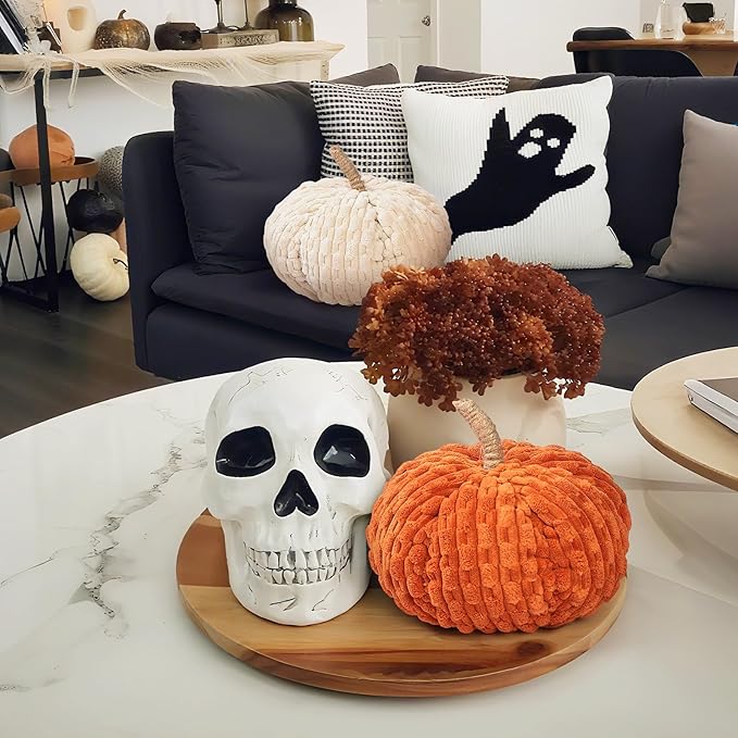 2pcs Faux Pumpkins Fall Harvest Fabric Plush Pumpkin Thanksgiving Halloween Decor for Table Centerpiece Farmhouse (Beige/Orange)