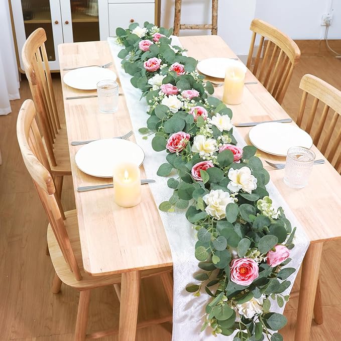 TOCHGREEN 2 Pack 13Ft Artificial Eucalyptus Flower Garland with Pink Roses White Flowers, Fake Rose Flower Greenery Garland Floral Vines for Wedding Home Party Table Runner Decor (White Pink, 2PCS)