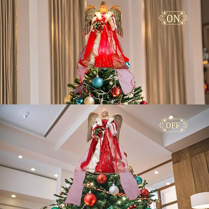 Vigdur Christmas Tree Topper Lights - 13Inch Angel Christmas Tree Topper Plug in with LEDs Golden Wings, Angel Christmas Decorations for Home Holiday Party Wedding Christmas Decor