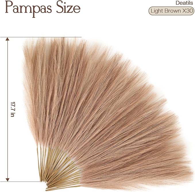 Faux Pampas Grass Decor 17.7 Inch 30pcs, Artificial Pampas Grass Fluffy Home Decor, Short Vase Room Decor pompous Grass Flower Arrangement for Boho Home Wedding Decoration (Light Brown)