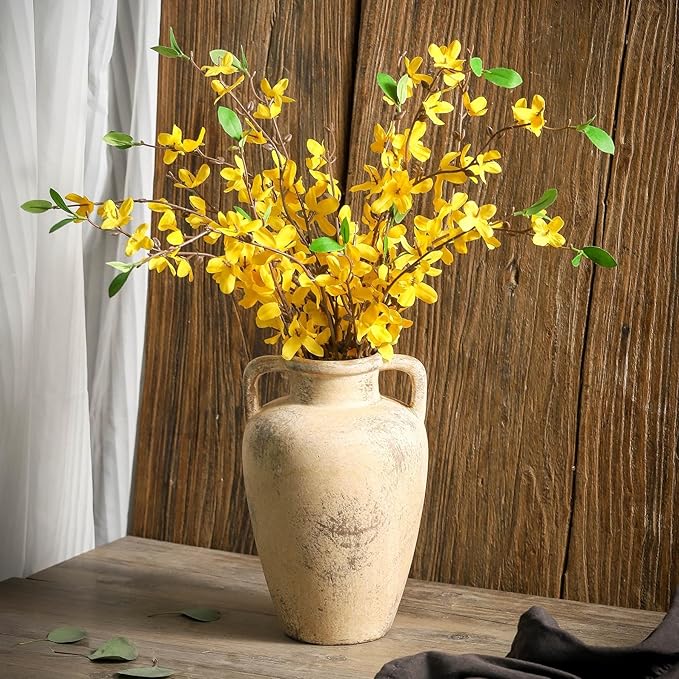 Rustic Vase for Flower, 8.85 inch Ceramic Vintage Vases with Handle, Tall Terracotta Christmas Farmhouse Vase for Home Decor, Living Room Shelf Decor, Enterway, Table, Lyeec