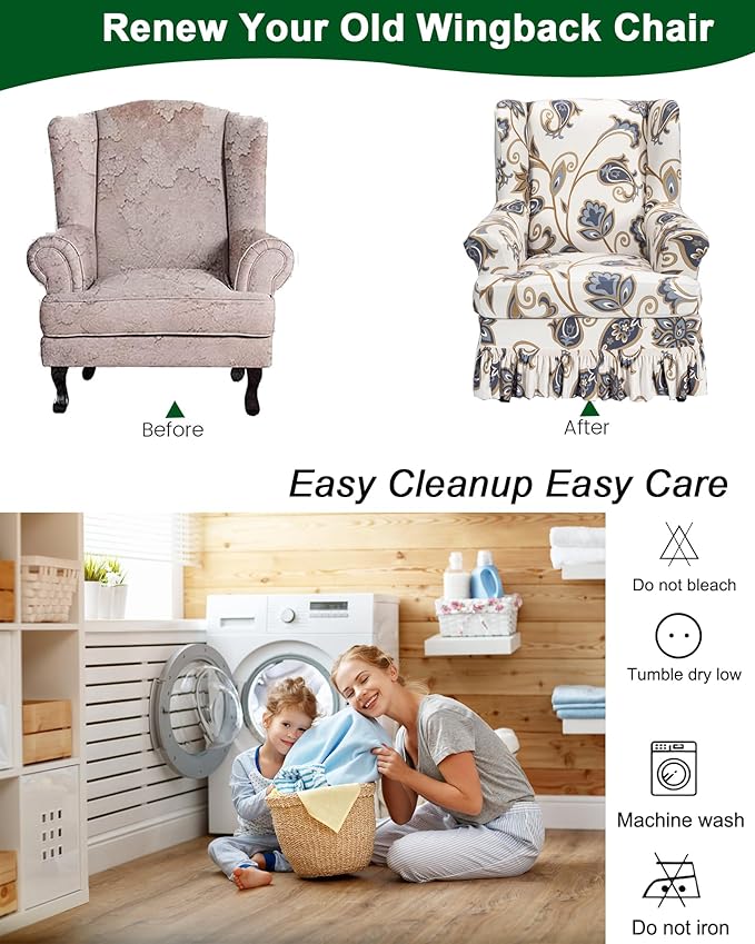 CRFATOP 2 Piece Stretch Wingback Chair Cover with Skirt Printed Wing Chair Slipcovers Spandex Fabric Wingback Armchair Covers with Cushion Slipcover for Living Room Bedroom Wingback Chair,C11