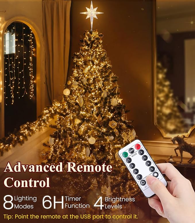 Luxspire Christmas Tree Topper, Lighted Star Tree Topper with USB Plug-in & Remote Control, 10" LED Christmas Decorations Light, Xmas Trees Vintage Ornament for Home, Bethlehem Star-Silver