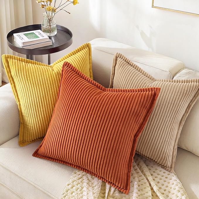 decorUhome Corduroy Mustard Yellow Throw Pillow Covers 22x22 Set of 2 Decorative Soft Boho Farmhouse Euro Couch Pillow Covers for Living Room Bed Sofa Broadside Striped Pillow Cases