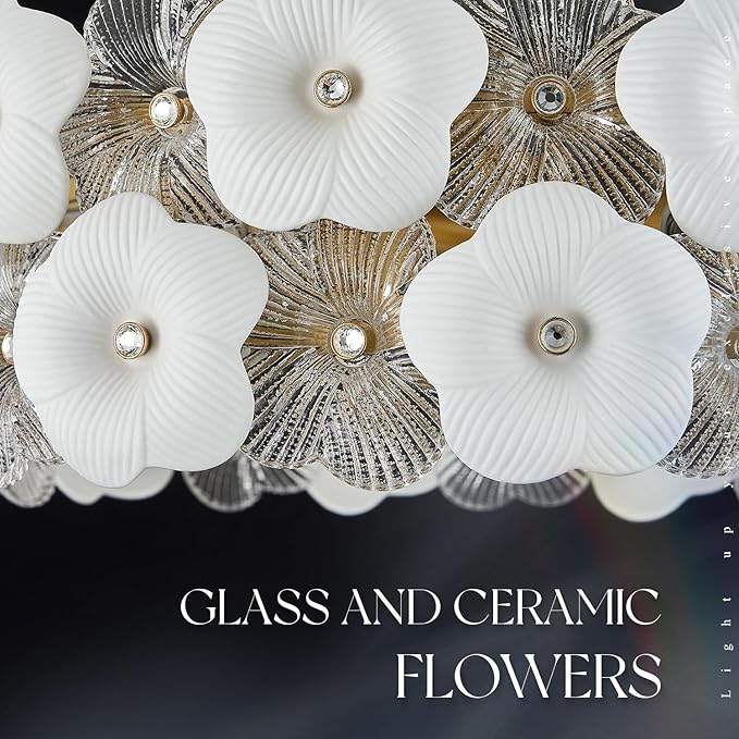 Modern Flower Elegant Glass Chandelier 20" Luxury 6 Lights Gold Chandelier Light Fixture for Living Dining Room Kitchen Entryway Bedroom Foyer, E12