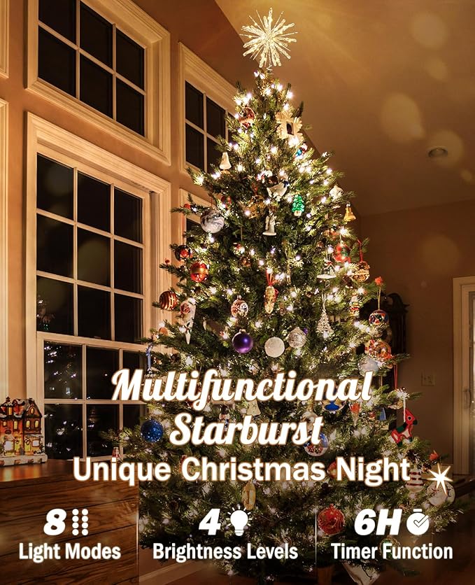 Luxspire Christmas Tree Topper, Crystal Lighted Christmas Tree Star with Remote & USB Starburst Tree Topper for Home Holiday Decor, 6H Timer & 8 Lighting Modes, Starburst Star-Silver