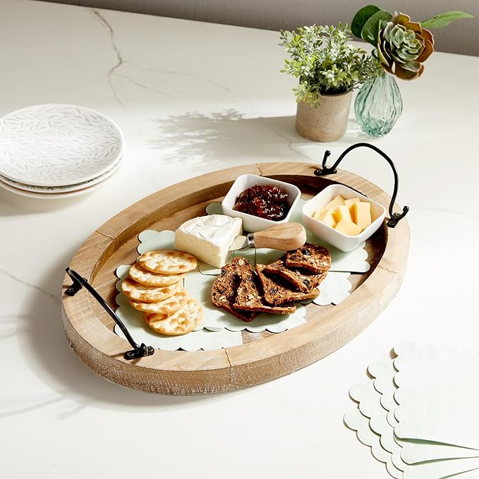Farmlyn Creek Serving Tray for Coffee Table Decor - 15.8" x 10.8" x 1.3", Oval, Wood Color, Rustic - Decorative Wooden Tray with Handles - Farmhouse Table Decor