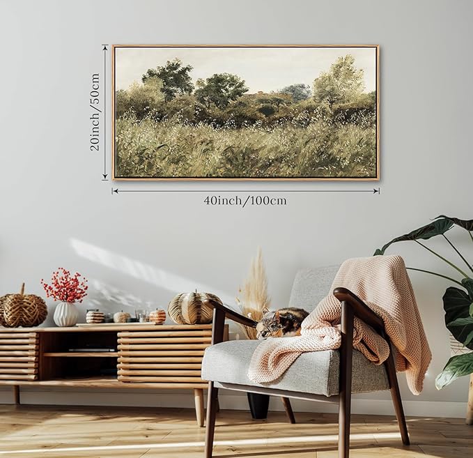 BLINFEIRU Framed Wall Art for Living Room, Vintage Oats Field Landscape Painting Prints, Nature Country Scenery Artwork, Retro Farmhouse Grassland Picture, Home Bedroom Office Wall Decor 20"x40"