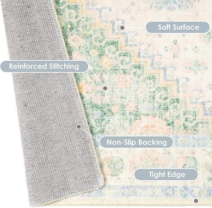 MUJOO Small Rug,2x3 Washable Area Rugs for Bathroom Entryway Entry Entrance Bedroom,Indoor Front Door Mat Non Slip Throw Carpet Low Pile Boho Light Green and Blue