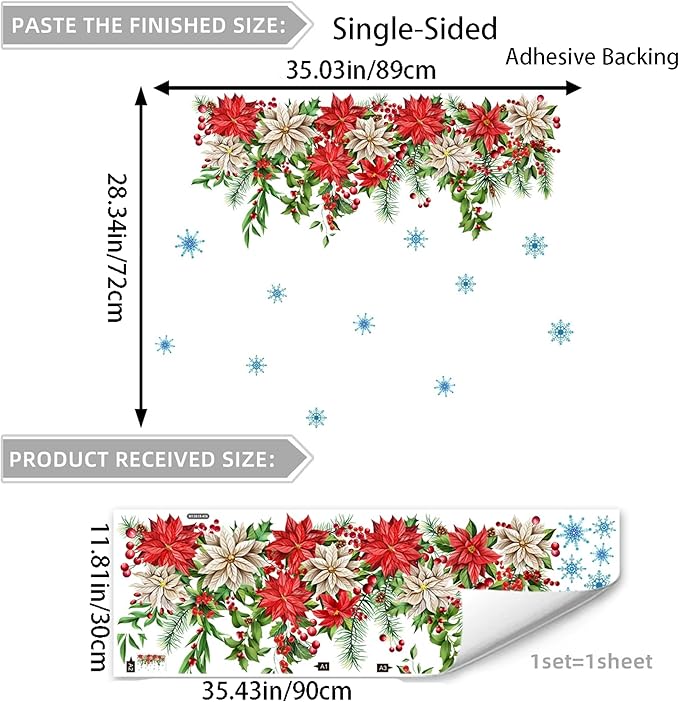 Christmas Wall Stickers Decor- Flower Wall Decals Peel and Stick Xmas Santa, Reindeer, Gifts Removable Wall Art for Home Party Office Classroom Winter Holiday (A)