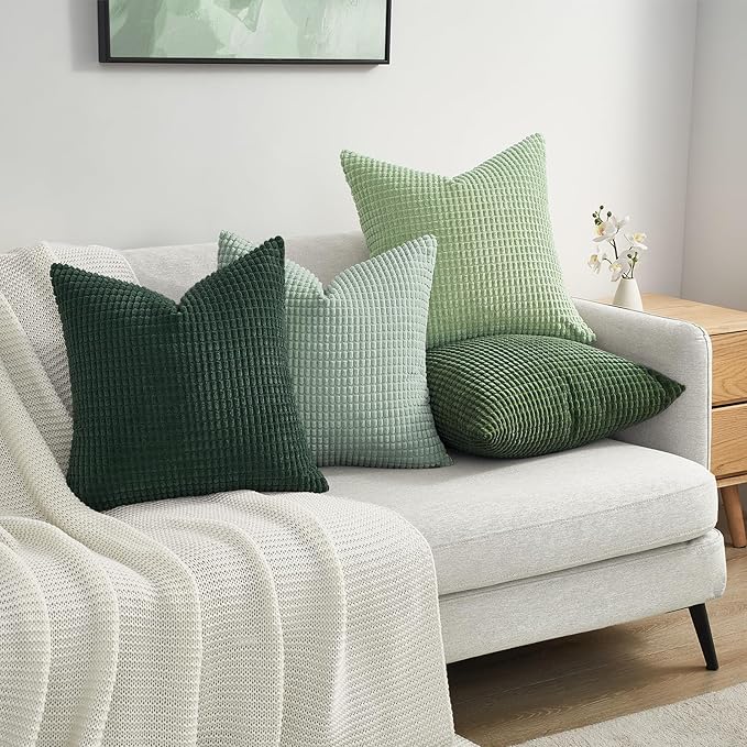 Topfinel 4 Packs LightGreen Decorative Throw Pillow Covers 16x16 Inch for Living Room Couch Bed Sofa, Boho Western Farmhouse Home Decor, Square Soft Moss Corduroy Summer Cushion Case 40x40 cm