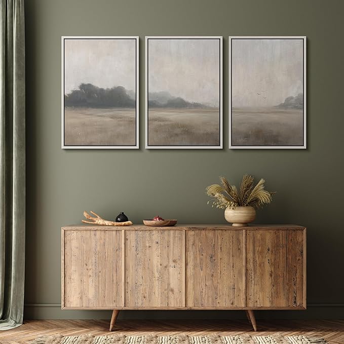MUDECOR Framed Wall Art Print Set Serene MeadowTranquil Landscape with Foggy Fields and Distant Trees Illustrations Realism Decorative for Living Room, Bedroom, Office - 16"x24"x3 White
