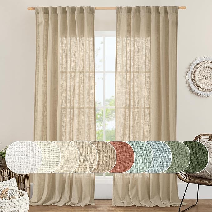 LAMIT 102 Inch Length Light Filtering Sheer Linen Curtains, Linen Textured Semi Sheer Back Tab and Rod Pocket Natural Boho Drapes for Living Room/Farmhouse, 2 Panels, Brown, 52 x 102 Inch