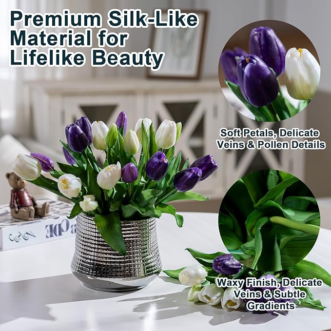 20PCS Fake Tulips Artificial Tulip Silk Flowers Fake PU Bouquet Artificial Flowers Faux Flowers with Gift Box Soft Faux Tulips Bouquets Arrangements for Party Wedding Home