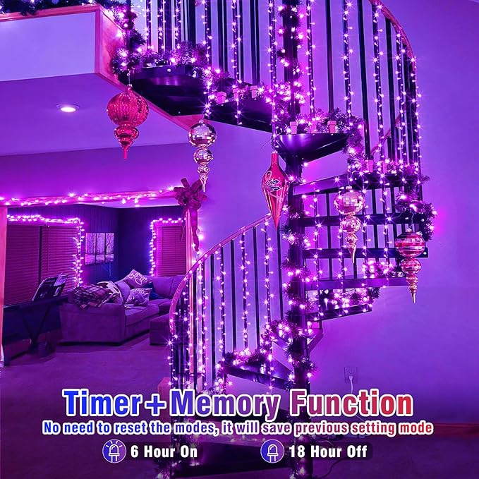 200 LED Purple Christmas Lights Outdoor Waterproof 66ft String Lights Indoor Clear Wire with 8 Modes Plug in Twinkle Fairy Light for Party Xmas Tree Decorations