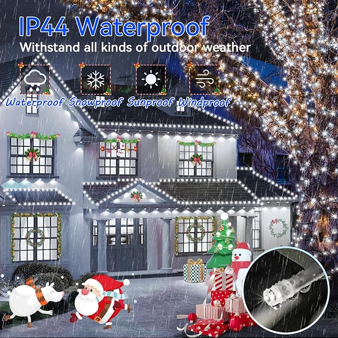 Hezbjiti 1000 LED 403 FT Christmas String Lights Outdoor, 8 Lighting Modes IP44 Waterproof Fairy Lights with Timer and Dimmable Function for Home Party Tree Decorations (Cold White, Clear Wire)