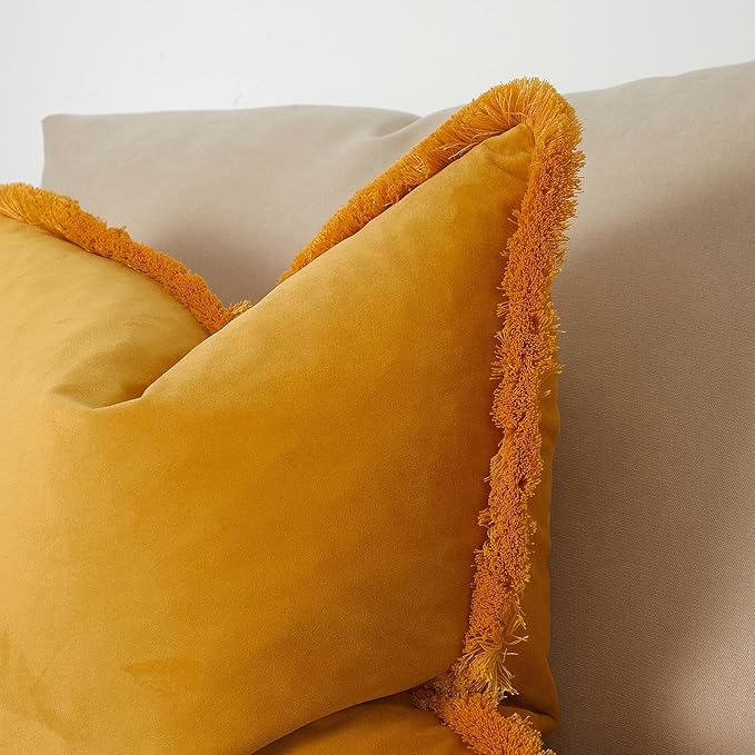JUSPURBET Pack of 2 Gold Decorative Fringe Velvet Lumbar Throw Pillow Covers 12x20 for Home Decor Living Room Bedroom Car Boho Soft Cushion Cover with Hidden Zipper Machine Washable