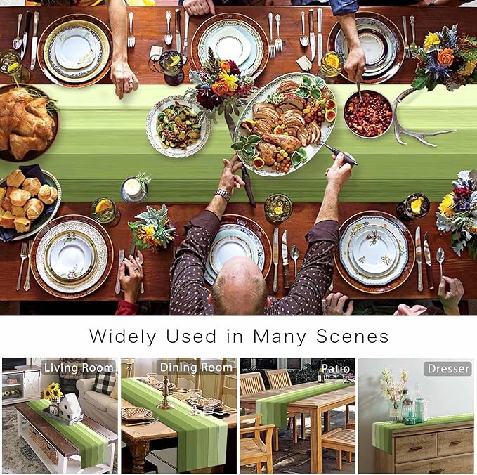 Vandarllin Table Runners 18X72 Inches Long, Ombre Moss Green,Cotton Linen Farmhouse Retro Rustic Barn Wood Texture Tablecloths Non-Slip Party Table Decorations for Kitchen,Home,Dining,Outdoor,