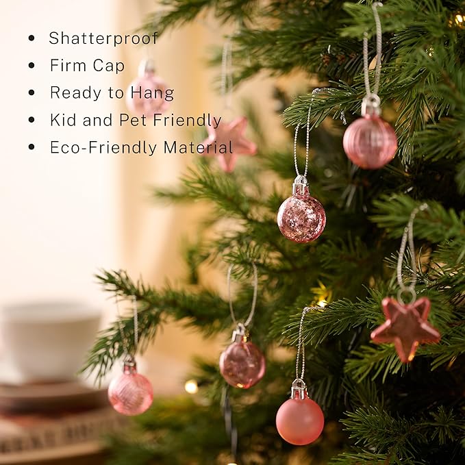 DecorbyHannah Mini Christmas Tree Ornaments, 35ct 1.18inches Pink Christmas Ball Ornaments for Tree Decorations, Small Pastel Clear Shatterproof Plastic Hanging Balls Bulk for Xmas, Party, Wedding