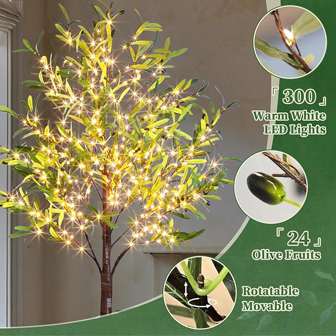 Artificial Lighted Olive Tree, Vanthylit 6ft Faux Plant Tree with 300 LED Fairy Lights, Prelit Fake Eucalyptus Greenery Tree Light with Leaves and Fruits Indoor Outdoor Home Bedroom Christmas Decor