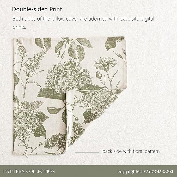 Foindtower Set of 2 Linen Floral Vintage Throw Pillow Covers Neutral Accent Print Decorative Cushion Covers Farmhouse Home Decor for Sofa Chair Couch Bedroom Living Room,18×18 Inch,Sage Green
