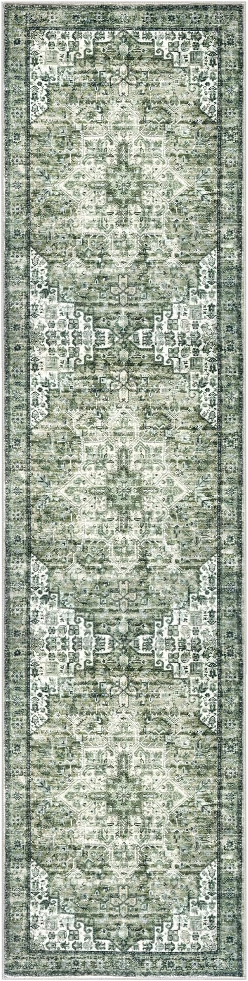 2x8 Runner for Hallways, Green Non-Slip Washable Kitchen Runner, Vintage Boho Printed Rug with Non-Shedding, Soft Medallion Floor Carpet for Laundry Bedroom Entryway