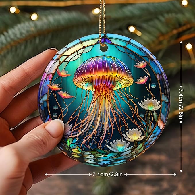 Stained Ceramic Jellyfish Ornament - Jellyfish Christmas Ornaments - Christmas Tree Ornaments - Christmas Decorations - Jellyfish Decor for Office, Room, Home - Holiday Present Ideas