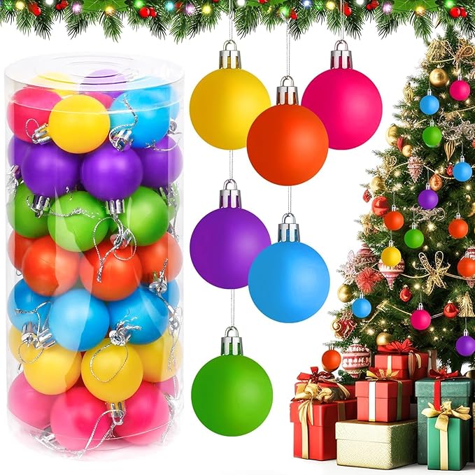 48 PCS 1.57 Inch Mini Neon Color Christmas Ball Ornaments Living Room Garden, Shatterproof Christmas Tree Ornament Set Small Ball Pendant for Xmas Party Supplies