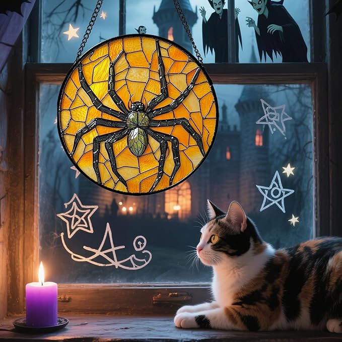 Stained Glass Window Hanging - Halloween Decorations Black Spider Suncatcher for Doors Garden Indoor Spooky Funny Sun Catchers Gothic Decor Horror Gifts for Women Men Friend 11.8 in