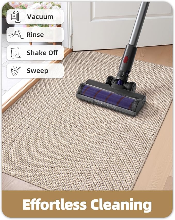 Color&Geometry Ultra-Thin Indoor Door Mat, 32"x48" Low-Profile Non-Slip Entryway Rug with Modern Geometric Texture, Washable Doormat for Indoor Entrance, Front Door, Khaki (Rolled-up NO Creases)