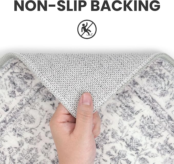 2x6 Washable Runner Rug for Hallways, Grey Soft Neutral Vintage Kitchen Rugs with Non-Slip, Non-Shedding Distressed Floral Rug for Bedroom Kitchen Porch Laundry Entryway