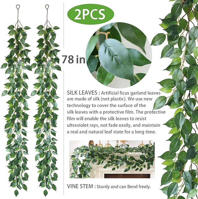 Mizii 2 Strands Artificial Vines Ficus Garland 78" Fake Vine with Silk Green Leaves Faux Hanging Plants Greenery Decorations for Bedroom Table Centerpieces Wall Party Wedding Room Decor (Ficus)