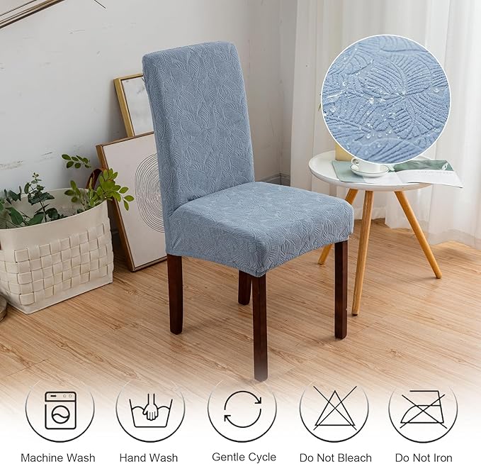 Genina 100% Waterproof Dining Room Chair Covers Set of 6 Stretch Kitchen Chair Covers Parsons Chair Slipcovers for Dining Room Chair Protector Cover, Removable, Washable (Leaf Pattern-Light Blue, L)