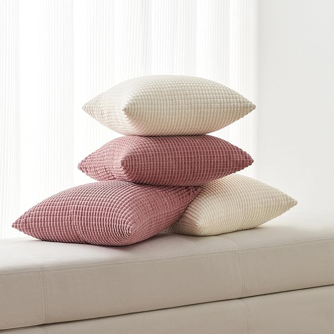 Topfinel 24x24 Inch Small Throw Pillow Covers Pack of 4 for Living Room Couch Bed Soft Corduroy Windmill Textured Boho Striped Patchwork Pillow Covers House Decor,Cream
