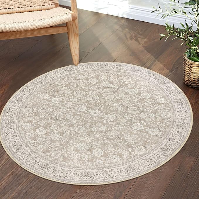 3' Round Rug Washable Rug for Entryway, Cream Beige White Grey Soft Non-Slip Area Rugs Distressed Floral Low-Pile Carpet, Neutral Vintage Circle Rugs for Living Room Dining Bedroom Foyer