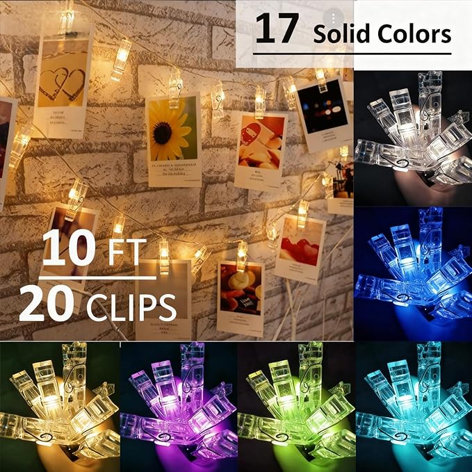 Solhice Photo Clips String Lights Color Changing 10ft, 20 LEDs RGB Hanging Pictures Wall Display Lights for Teenager Christmas Gift, Teen Girl Room Decor with USB Powered Remote Control