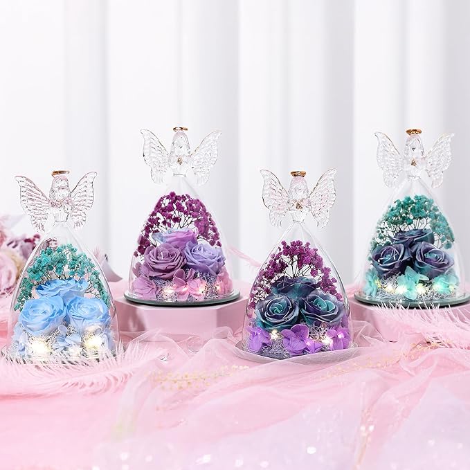 Christmas Rose Gifts for Women Preserved Real Flower in Glass Angel Figurines Roses for Delivery Prime Birthday Gifts for Mom Grandma Girlfriend Wife Her, Multi Purple