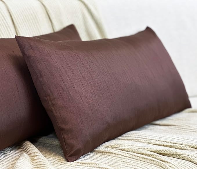 Aiking Home 12x24 Inches Faux Silk Rectangular Throw Pillow Cover, Zipper Closure, Brown (Set of 2)