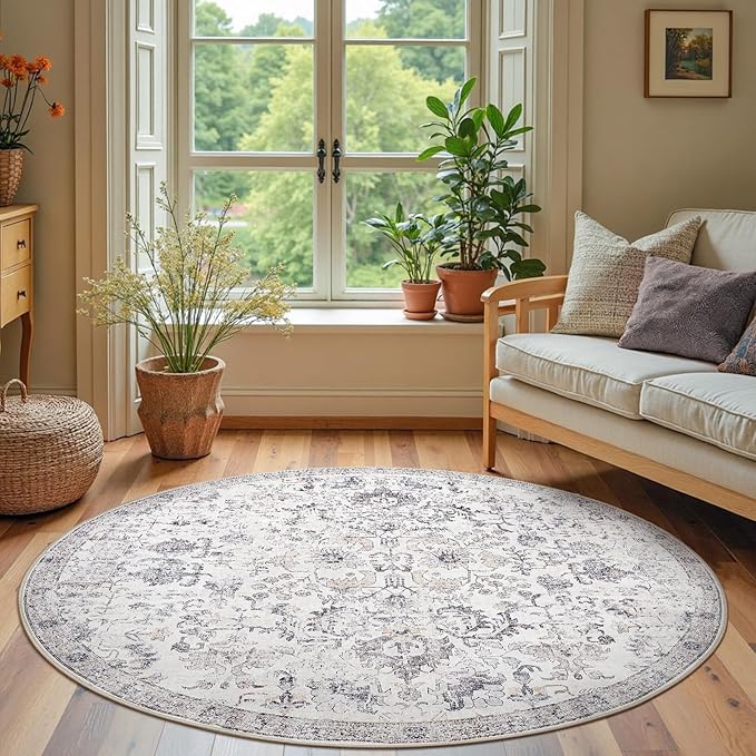 jinchan Kalen Round Rug 6ft Area Rug Washable Vintage Indoor Retro Floor Cover Distressed Gray Floral 6' Round Circle Boho Non Slip Thin Carpet for Living Room Dining Room Bedroom Kitchen Grey