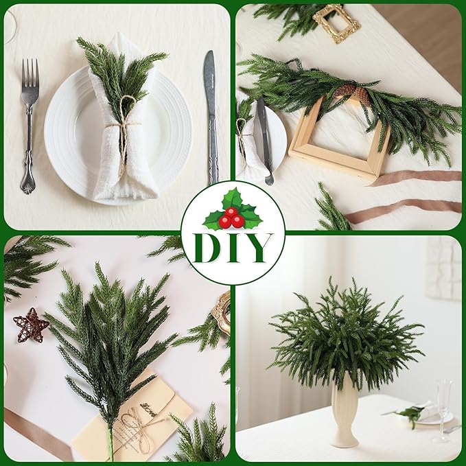 40 Pcs Real Touch Norfolk Pine Branches, Artificial Christmas Green Plants Branch Faux Greenery Stem Fake Pine Picks for Vase DIY Crafts Garland Wreath Xmas Indoor Outdoor Decor(18 Inches)