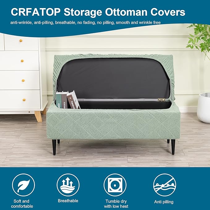 CRFATOP Jacquard Rectangle Ottoman Stool Cover Stretch Folding Storage Footstool Bench Slipcovers Upholstered Foot Chest Chair Covers Washable Entryway Furniture Protector with Elastic Bands,M,Green
