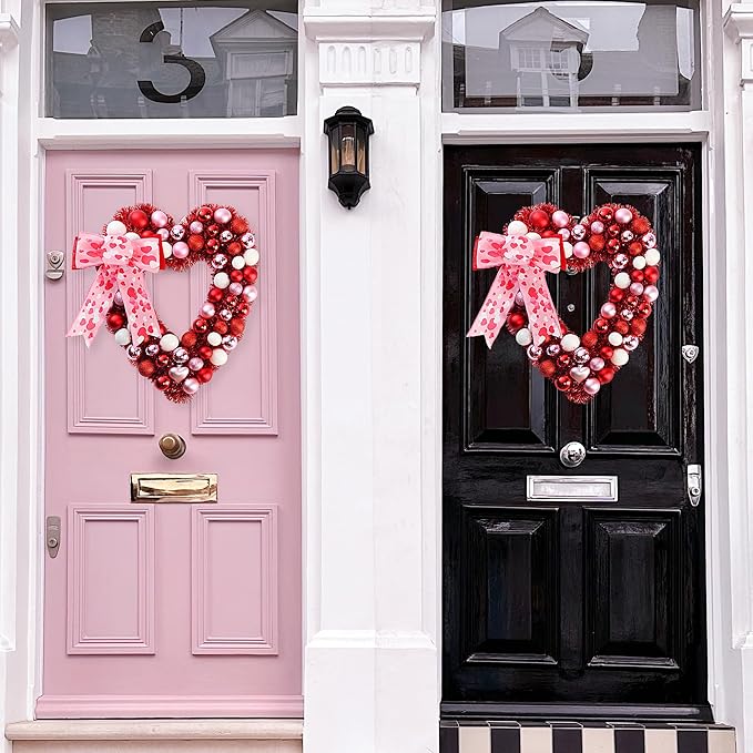 Sggvecsy 17.7’’ Heart Shaped Wreath with Bowknot Valentines Day Red Pink White Red Balls Decorations with Tinsel for Front Door Wedding Anniversary Wall Decor Gift for Girlfriend Mother’s Day