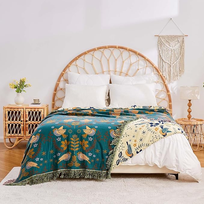 Yellow Boho Throw Blanket, 100% Cotton Blankets for Couch Bed, 50"x60"Cotton Quilt Travel Muslin Blankets Farmhouse Home Decor Soft Lightweight Picnic Blanket for Summer