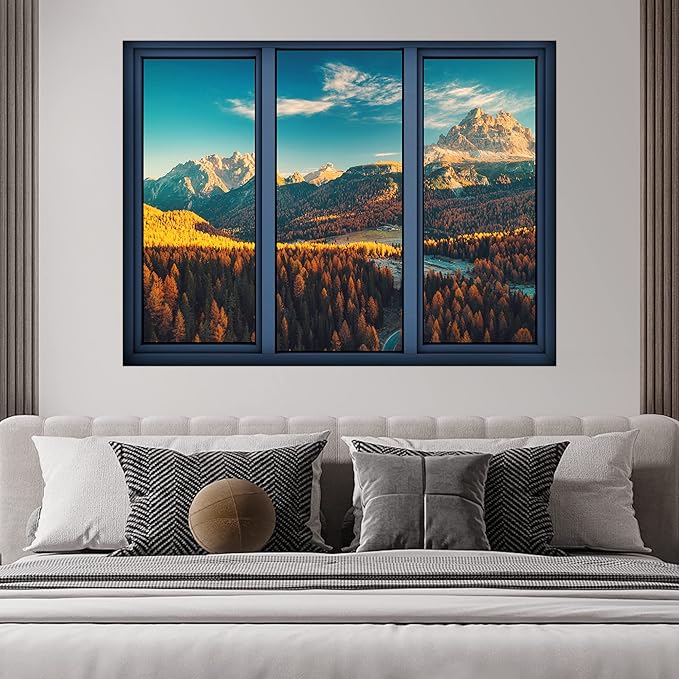 SIGNWIN Removable Wall Sticker/Wall Mural Window View Autumn Pine Tree Forest Mountain Nature Wilderness Realism Decorative Landscape Digital Art for Living Room, Bedroom, Office - 24"x32"