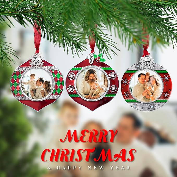 GUOER 3PCS Christmas Tree Ornaments Set Picture Frame Ornament Holiday Keepsake Gift Home Decor Christmas Decorations Xmas Gifts Pendant with 2” Photo Frame Insert (Red & Green 2025)