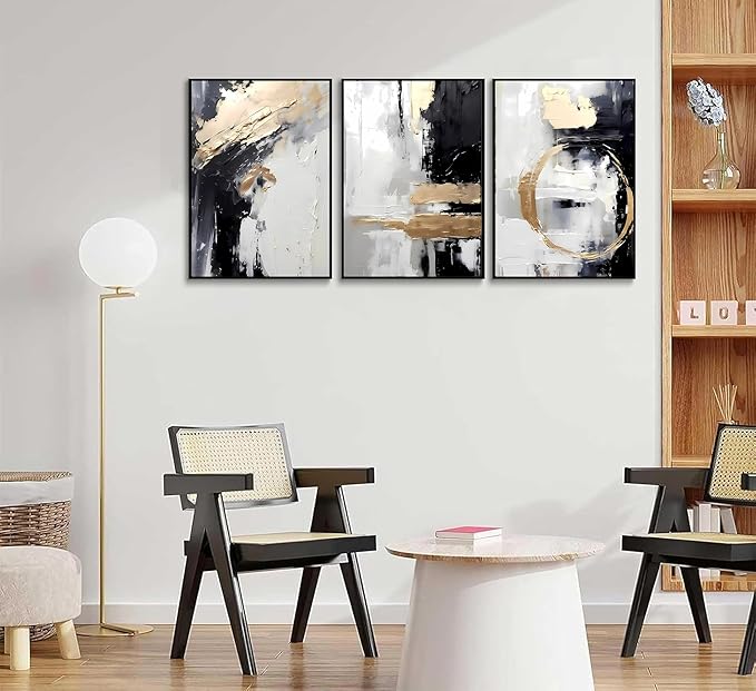 3pcs Black White Gold Canvas Wall Art Abstract Geometric Textured Posters Prints Pictures Paintings with Faux Stucco Finish Modern Beige Minimalist Wall Decor for Living Room Bedroom Bathroom Unframed