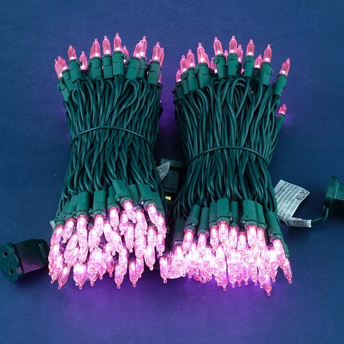 Pink LED Christmas Lights 200 Count, Pack of 2 Sets 25 ft 100 LED Green Wire Mini String Lights Set (Pink)