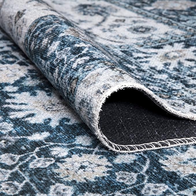 Bloom Rugs Caria Washable Non-Slip 9x12 Rug - Navy Blue Traditional Bordered Area Rug for Living Room, Bedroom, Dining Room, and Kitchen - Exact Size: 9' x 12'
